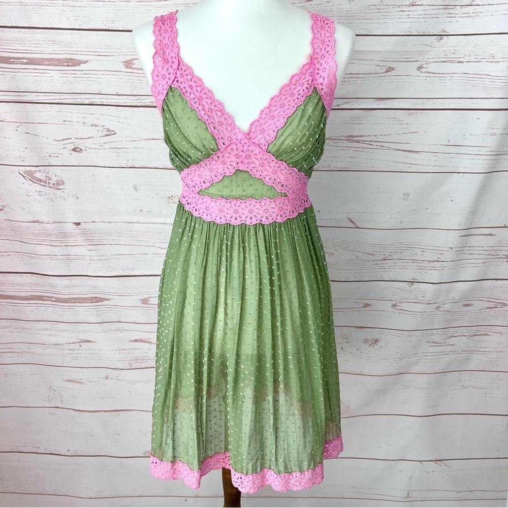 Vintage Y2K Betsey Johnson New York Pink Green Sheer Lace Babydoll Dress